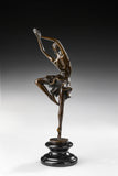 Back view of handcrafted ballerina bronze sculpture with overhead arms