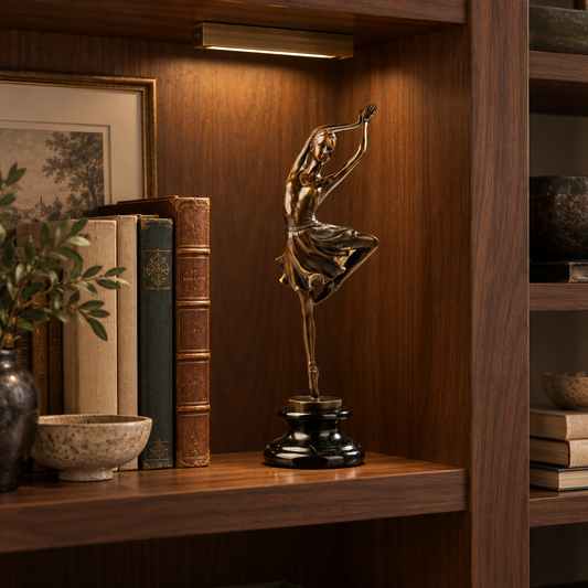 Graceful bronze ballet dancer statue displayed on an entryway console