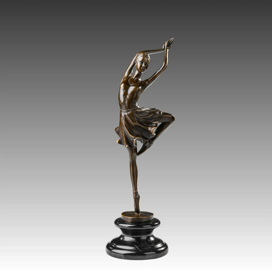 Raised leg ballerina bronze sculpture standing en pointe with arms overhead