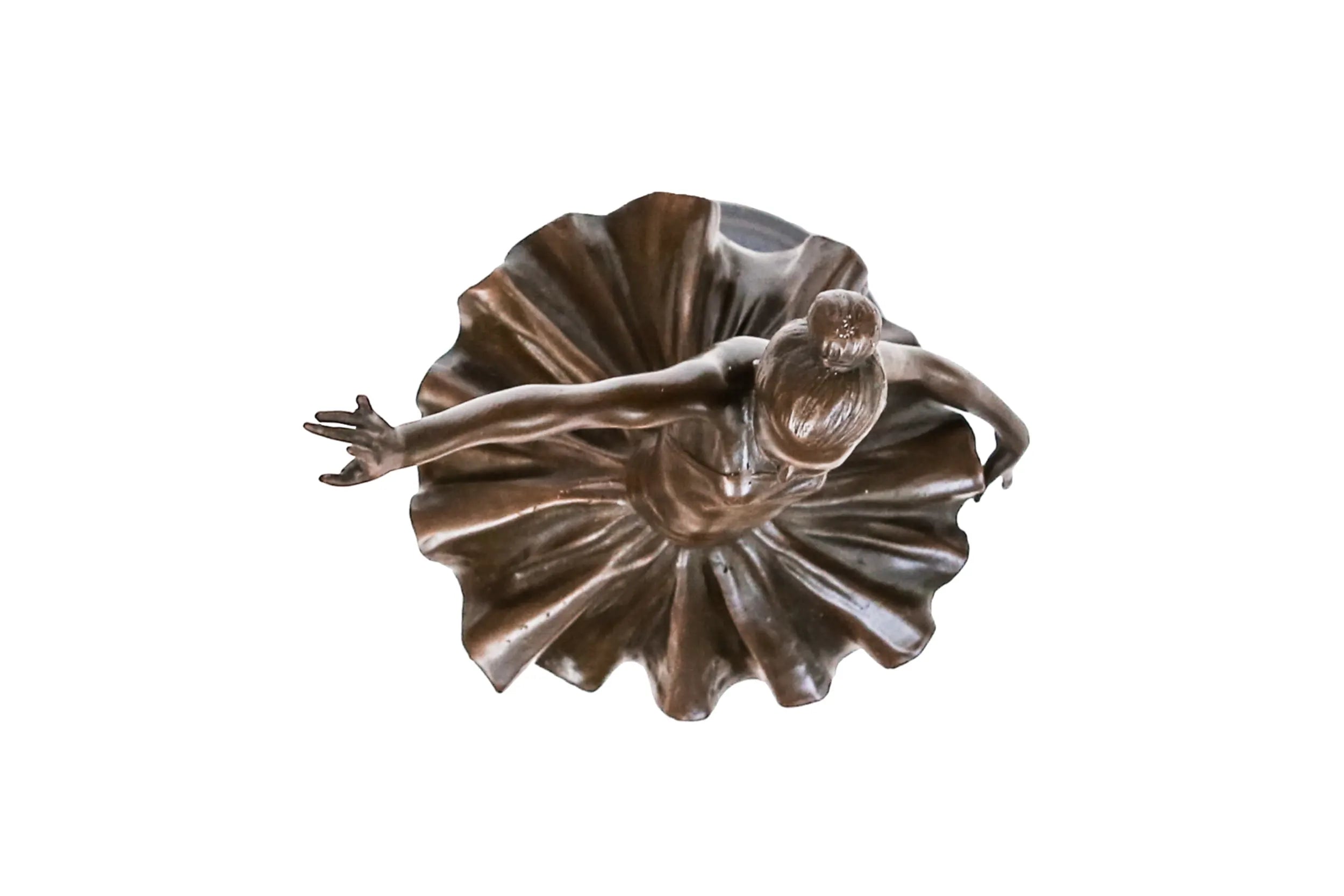 Detailed view of reaching ballerina bronze statue showing the sculpted tutu, ballet slippers, and bronze finish