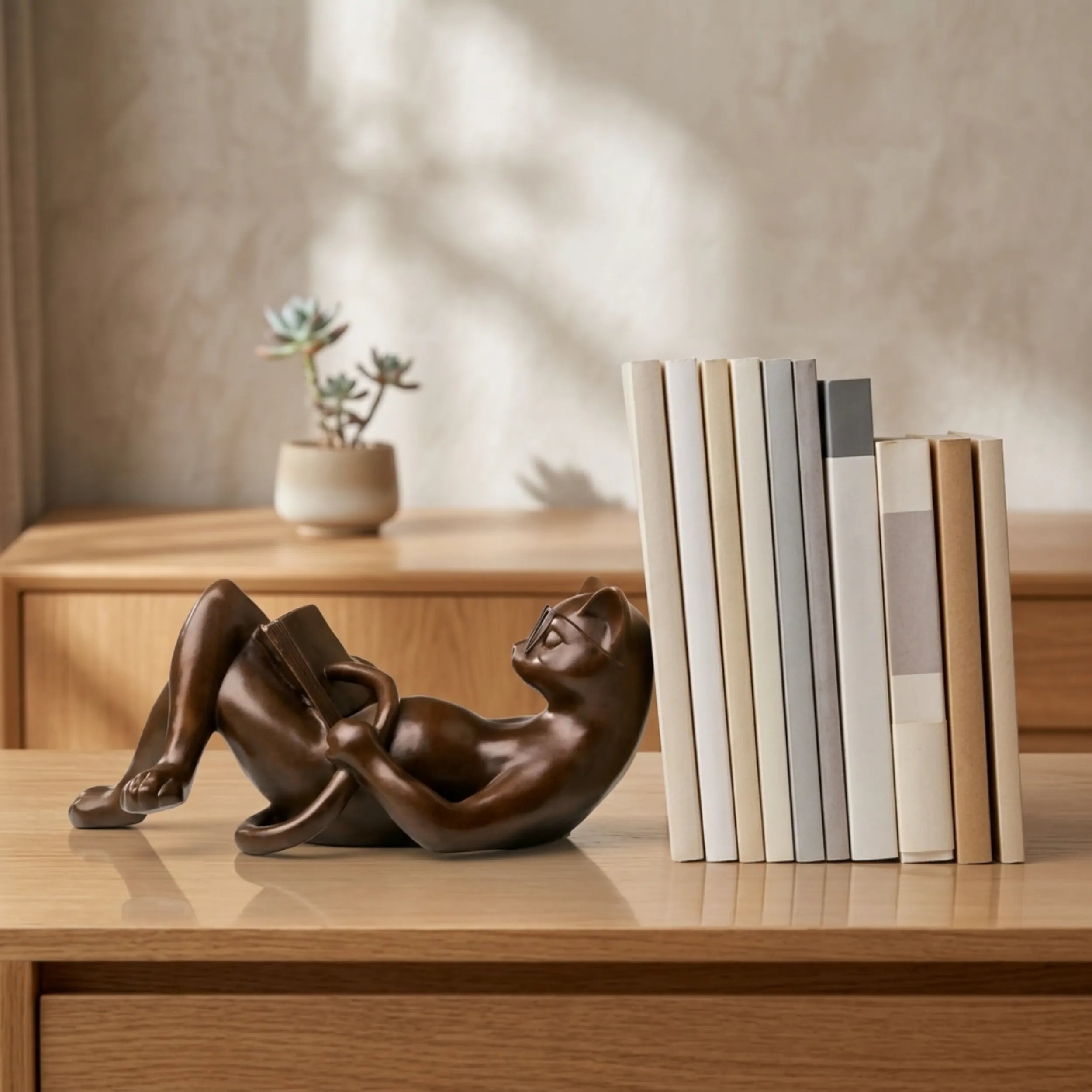 Reading cat bronze sculpture displayed in a home library or reading room