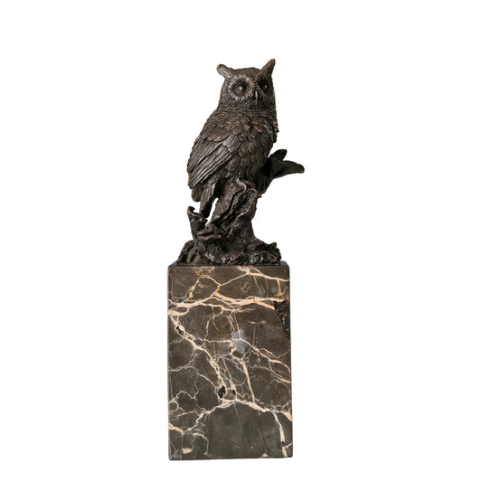 Handcrafted realistic bronze owl sculpture perched on a textured branch with detailed feathers