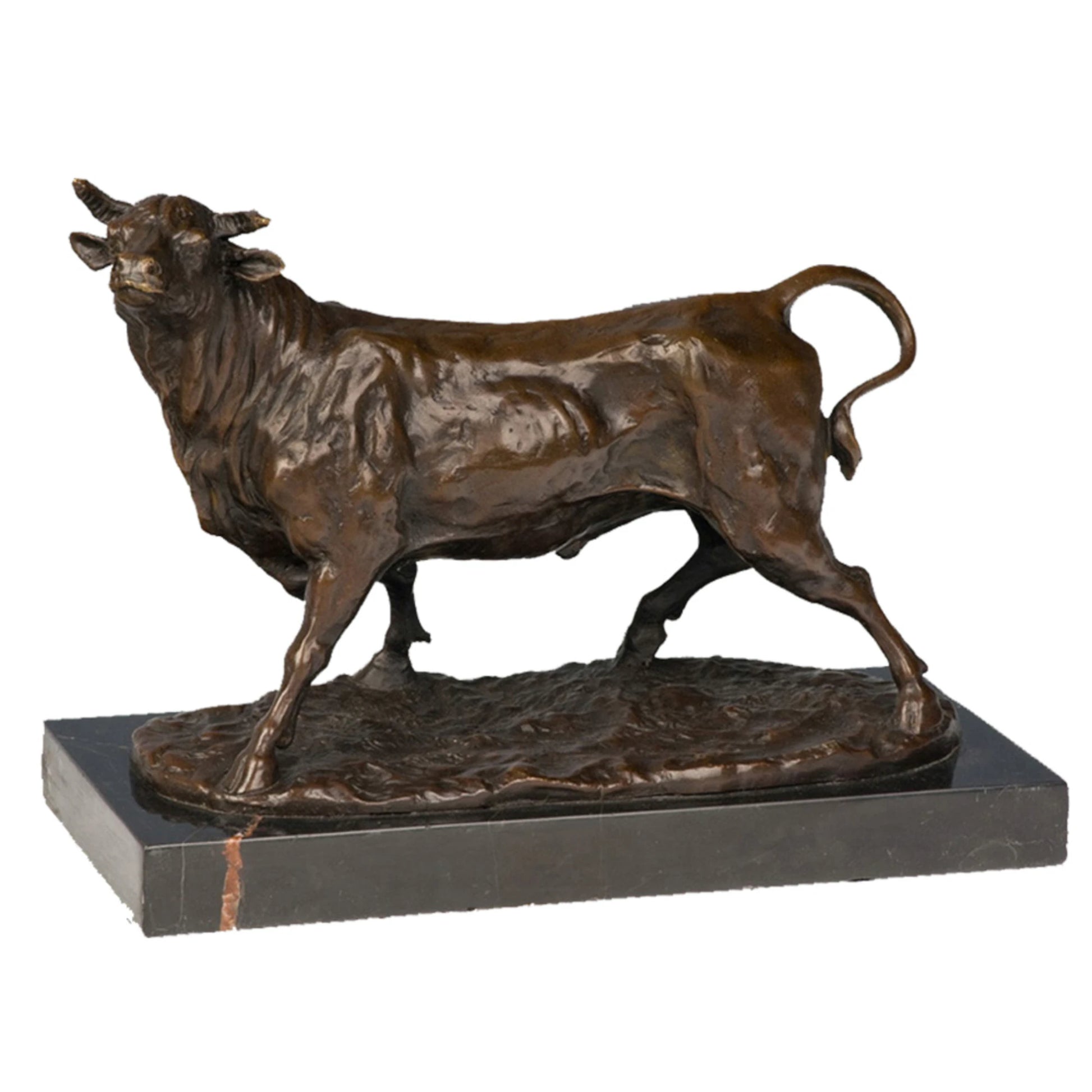 Realistic walking bull bronze sculpture with detailed musculature on marble base