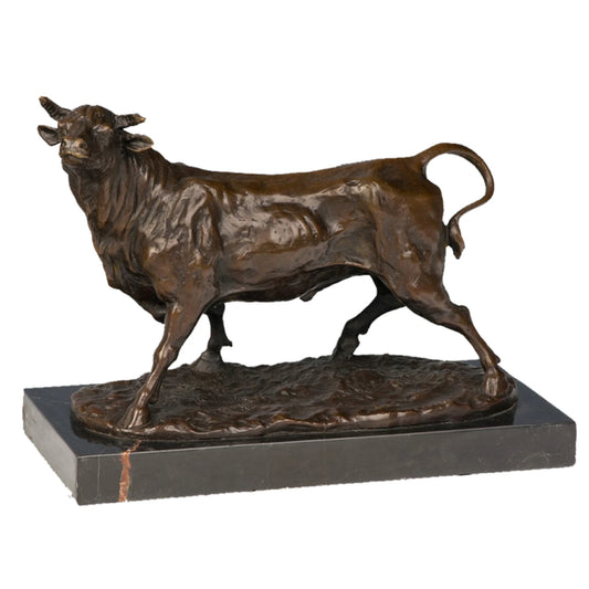 Realistic walking bull bronze sculpture with detailed musculature on marble base