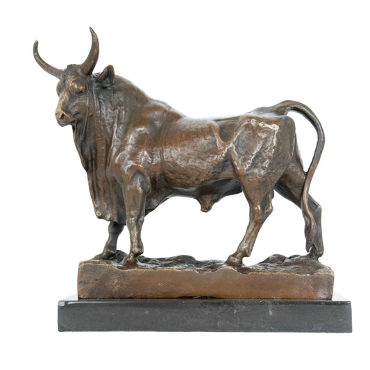 Realistic standing bull bronze statue made using lost-wax casting. A timeless symbol of strength, stability, and prosperity for home or office decor.
