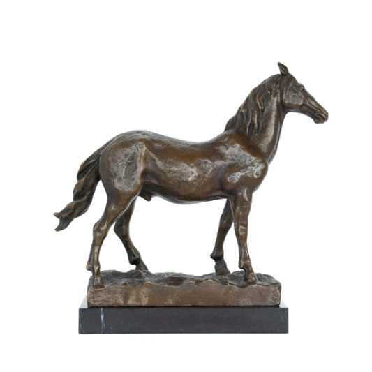 Naturalistic standing bronze horse sculpture with detailed musculature and flowing mane, realistic equestrian statue on black marble base, lost wax casting fine art.