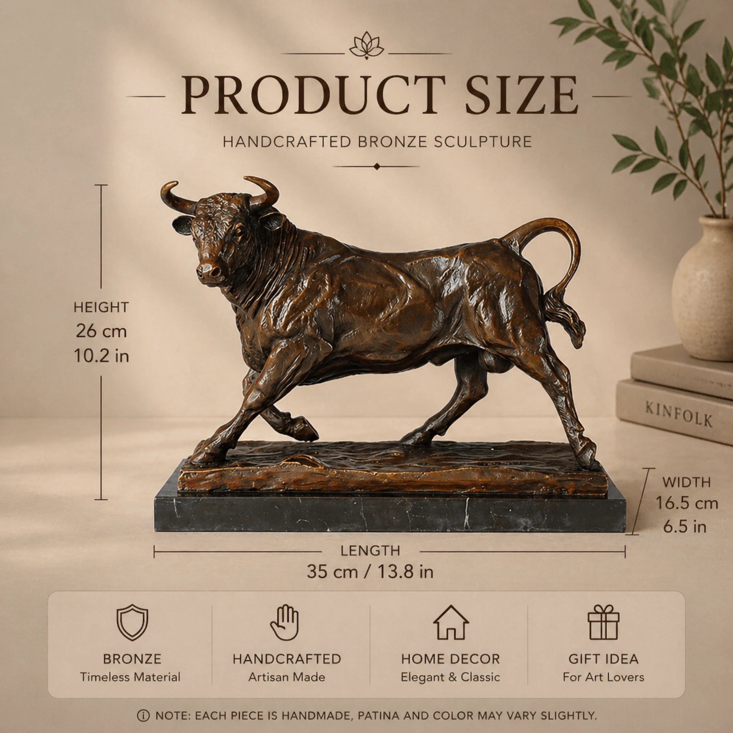 Powerful charging bronze bull sculpture with detailed anatomy and warm brown patina, bull market animal statue on black marble base, lost wax casting fine art.