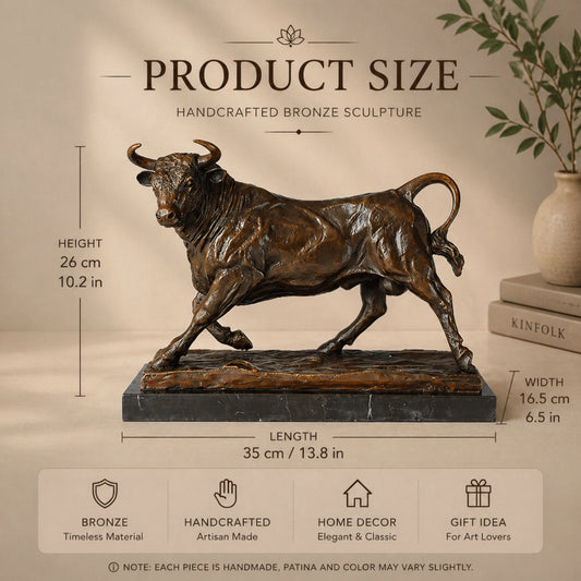 Powerful charging bronze bull sculpture with detailed anatomy and warm brown patina, bull market animal statue on black marble base, lost wax casting fine art.