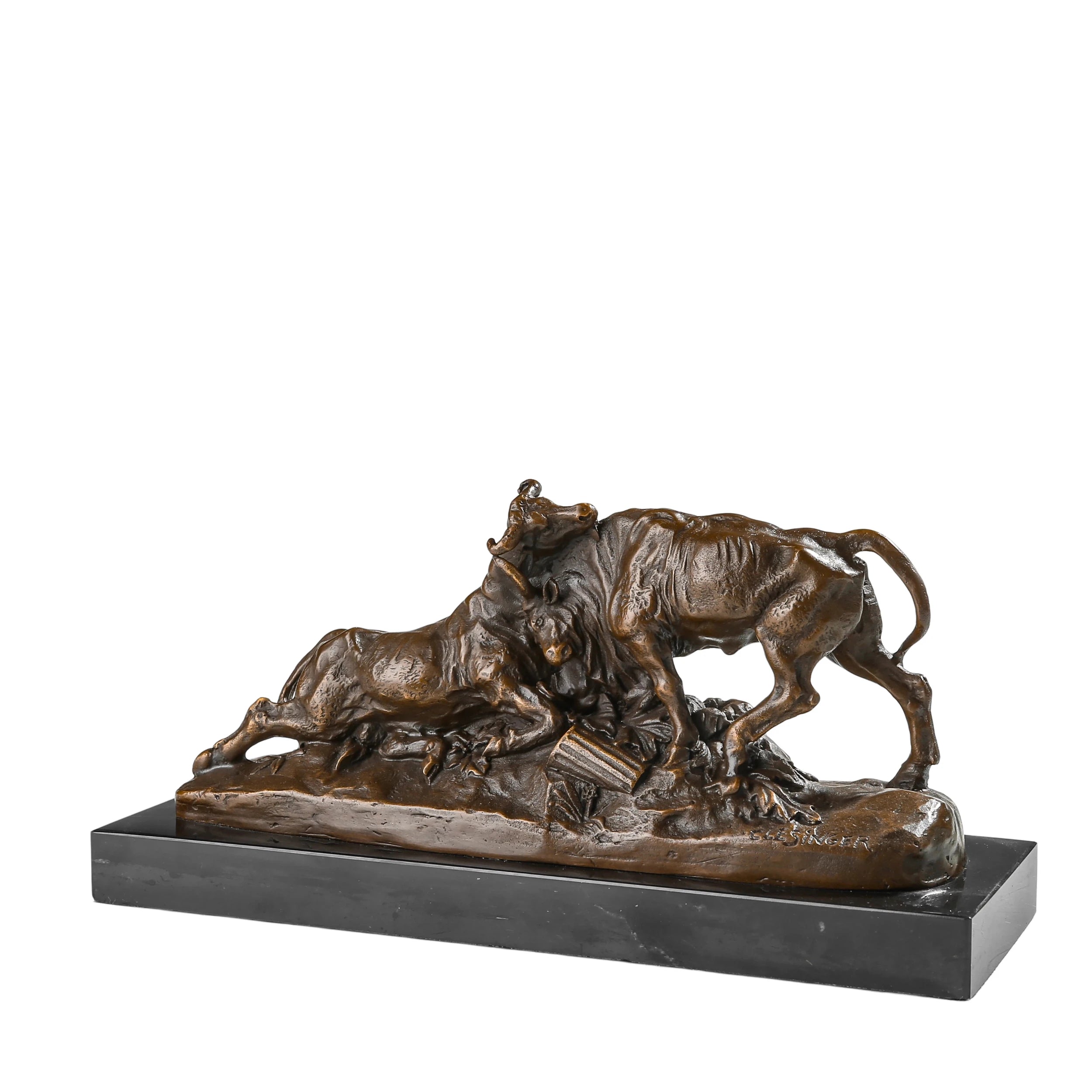 Bronze sculpture of two bulls fighting with dynamic movement and detailed musculature