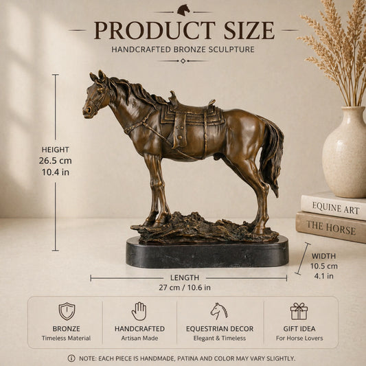 Saddled standing bronze horse sculpture with detailed tack and warm brown patina, realistic equestrian statue on black marble base, loss wax casting fine art.