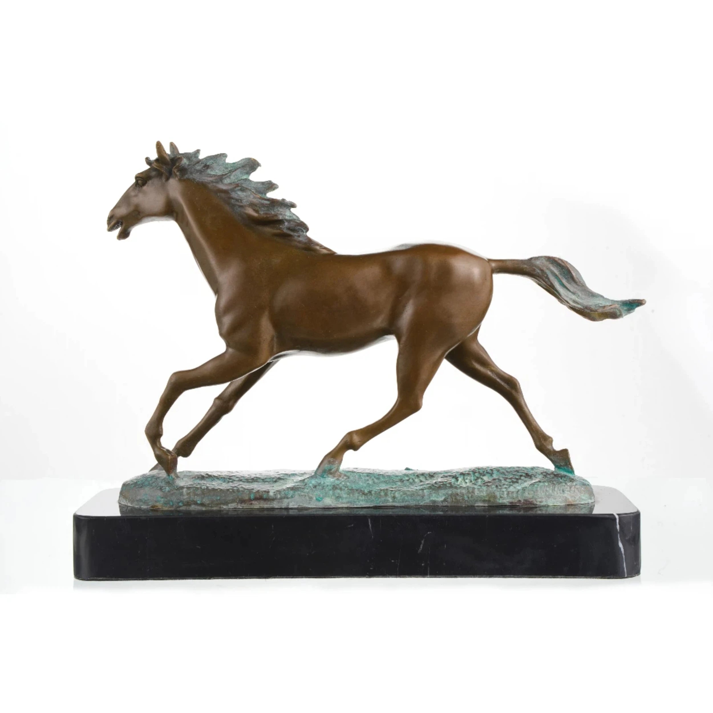Dynamic galloping bronze horse sculpture with turquoise mane and tail, realistic running horse statue on black marble base, lost wax casting fine art.