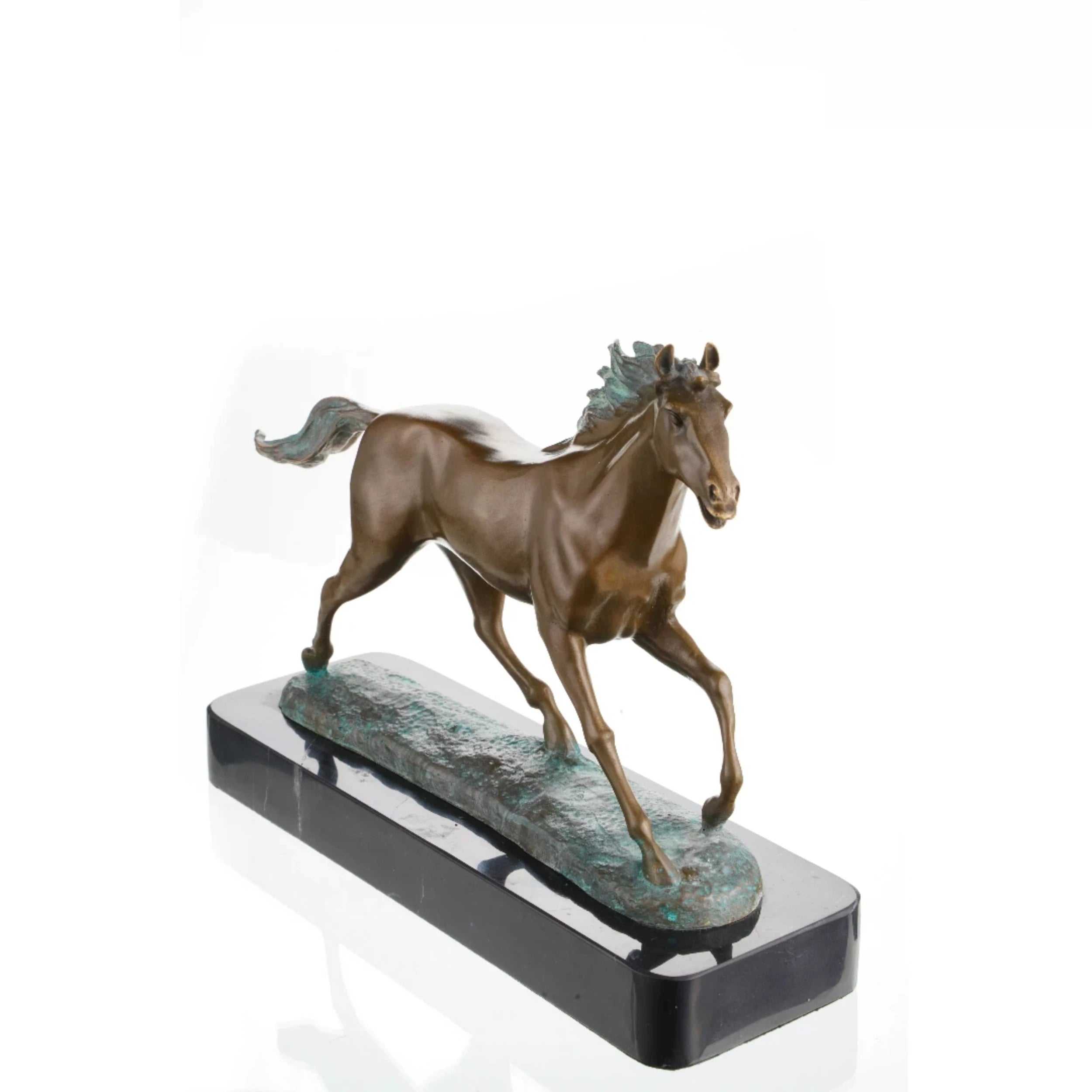 Dynamic galloping bronze horse sculpture with turquoise mane and tail, realistic running horse statue on black marble base, lost wax casting fine art.
