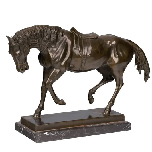 Saddled bronze horse sculpture with detailed tack and dark patina, realistic walking equestrian statue on veined black marble base, loss wax casting fine art.