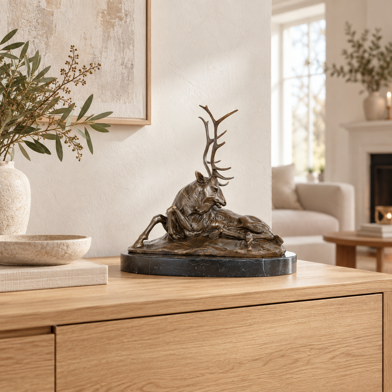 Reclining Antlered Deer bronze sculpture displayed in a minimalist interior