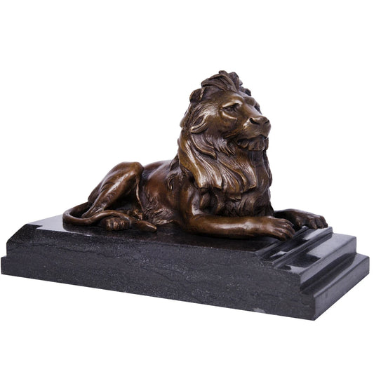 Handcrafted reclining bronze lion statue with raised head and detailed flowing mane