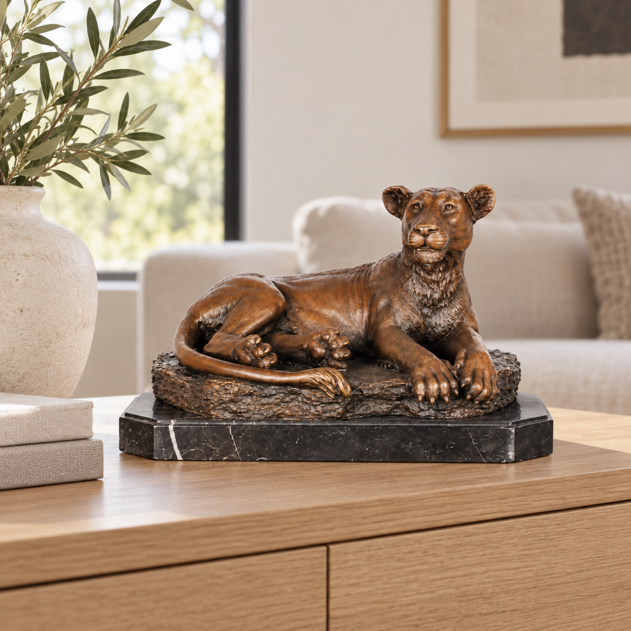 Reclining Lioness Bronze Sculpture displayed in a minimalist interior
