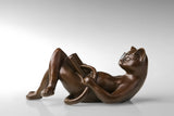 Reclining Reading Cat bronze sculpture side view