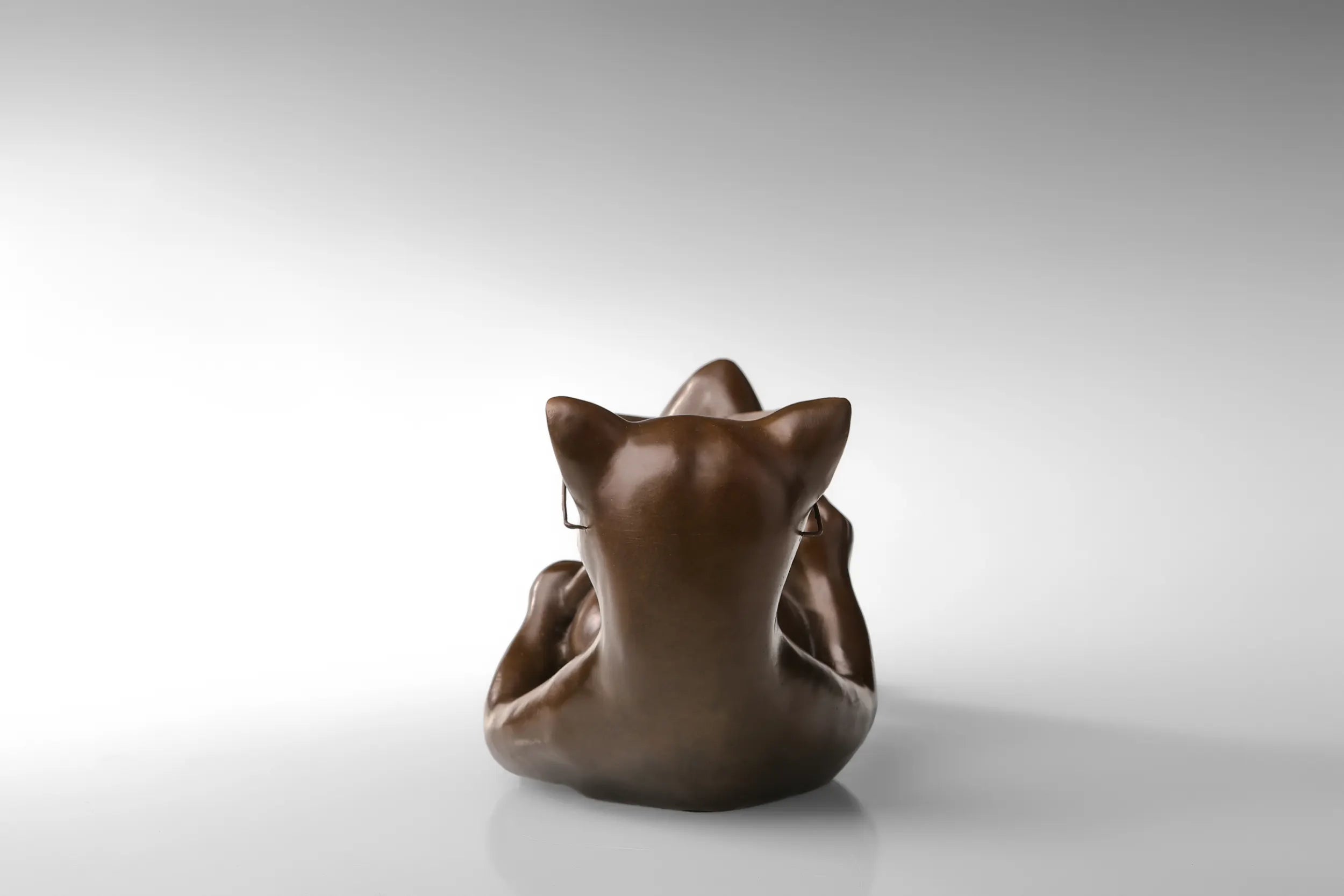 Reclining Reading Cat bronze sculpture detail view