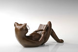Reclining Reading Cat bronze sculpture alternate angle
