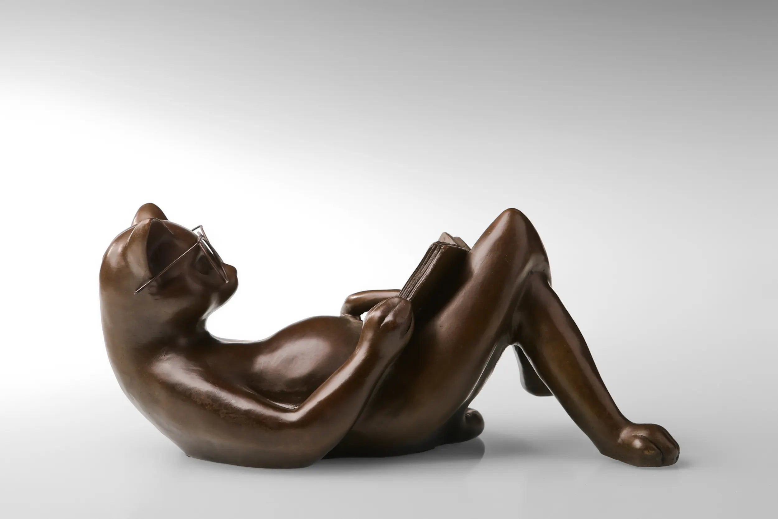 Reclining Reading Cat bronze sculpture product view 15