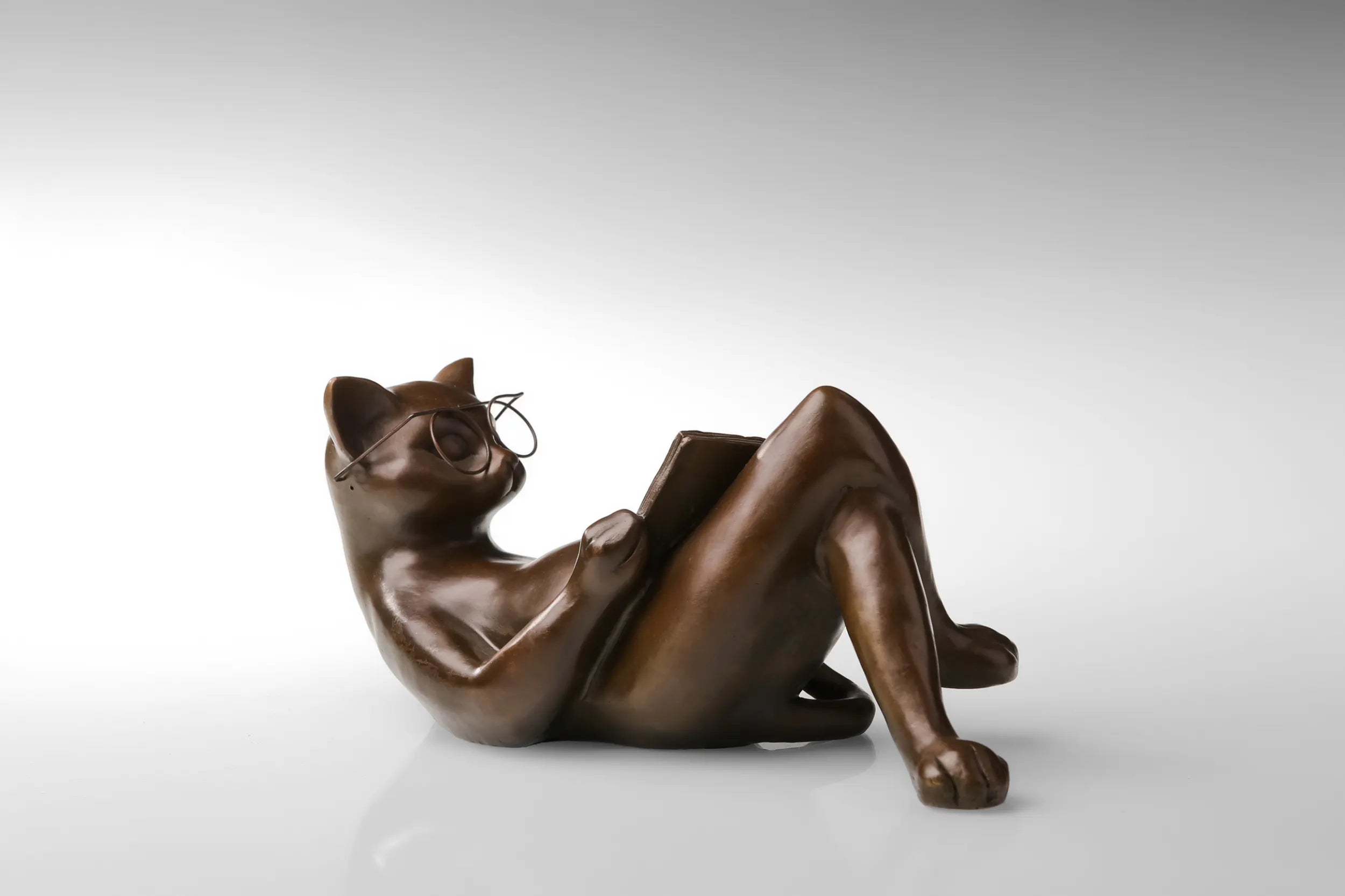 Reclining Reading Cat bronze sculpture product view 16