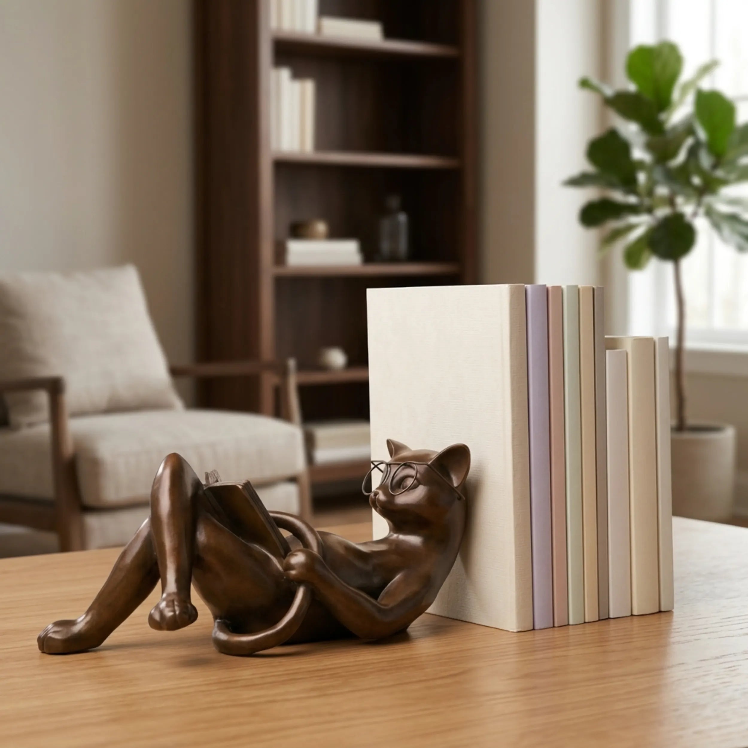 Reclining reading cat bronze sculpture displayed as a bookend on a bookshelf
