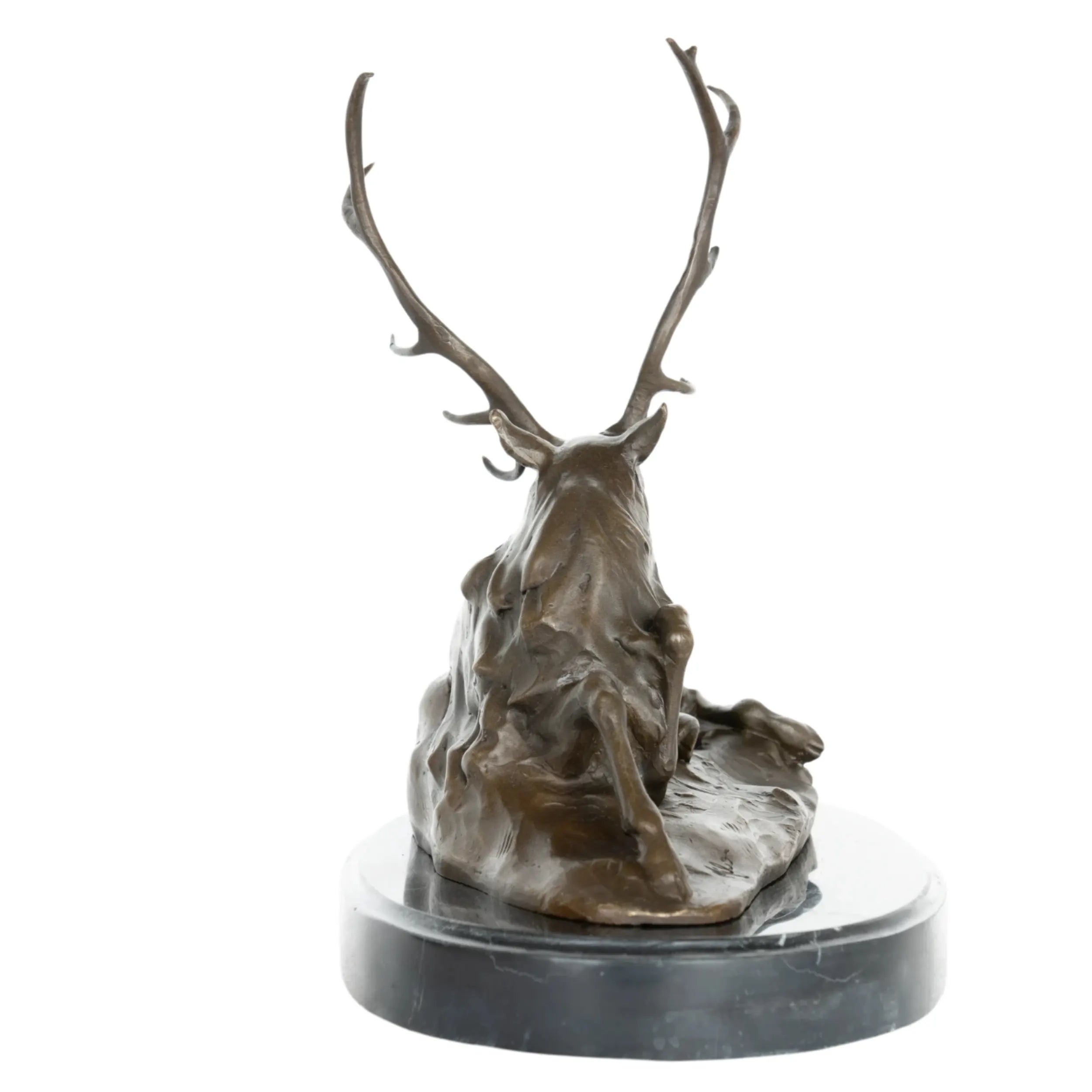 Back view of handcrafted reclining stag bronze sculpture
