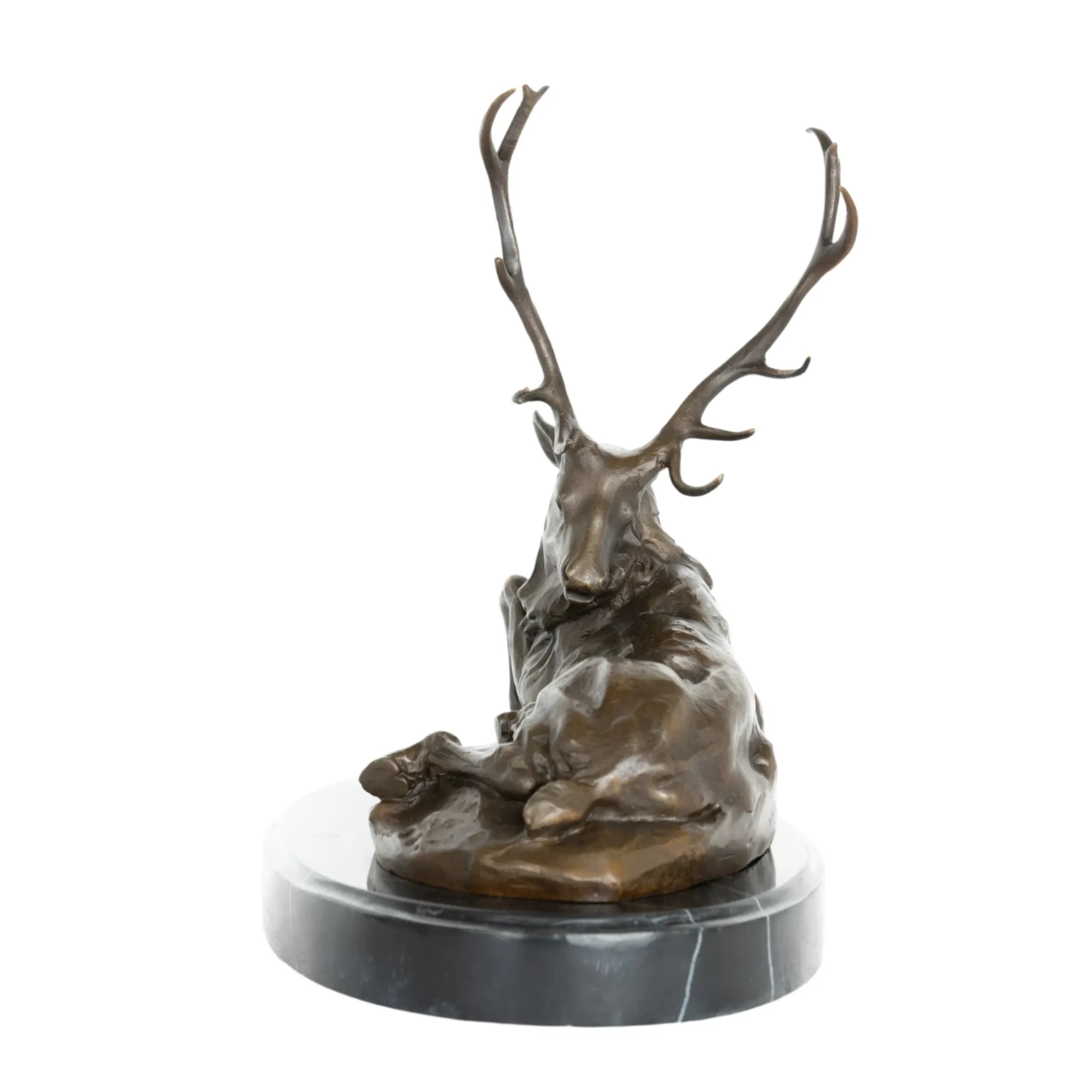 Front view of reclining stag bronze sculpture with detailed antlers