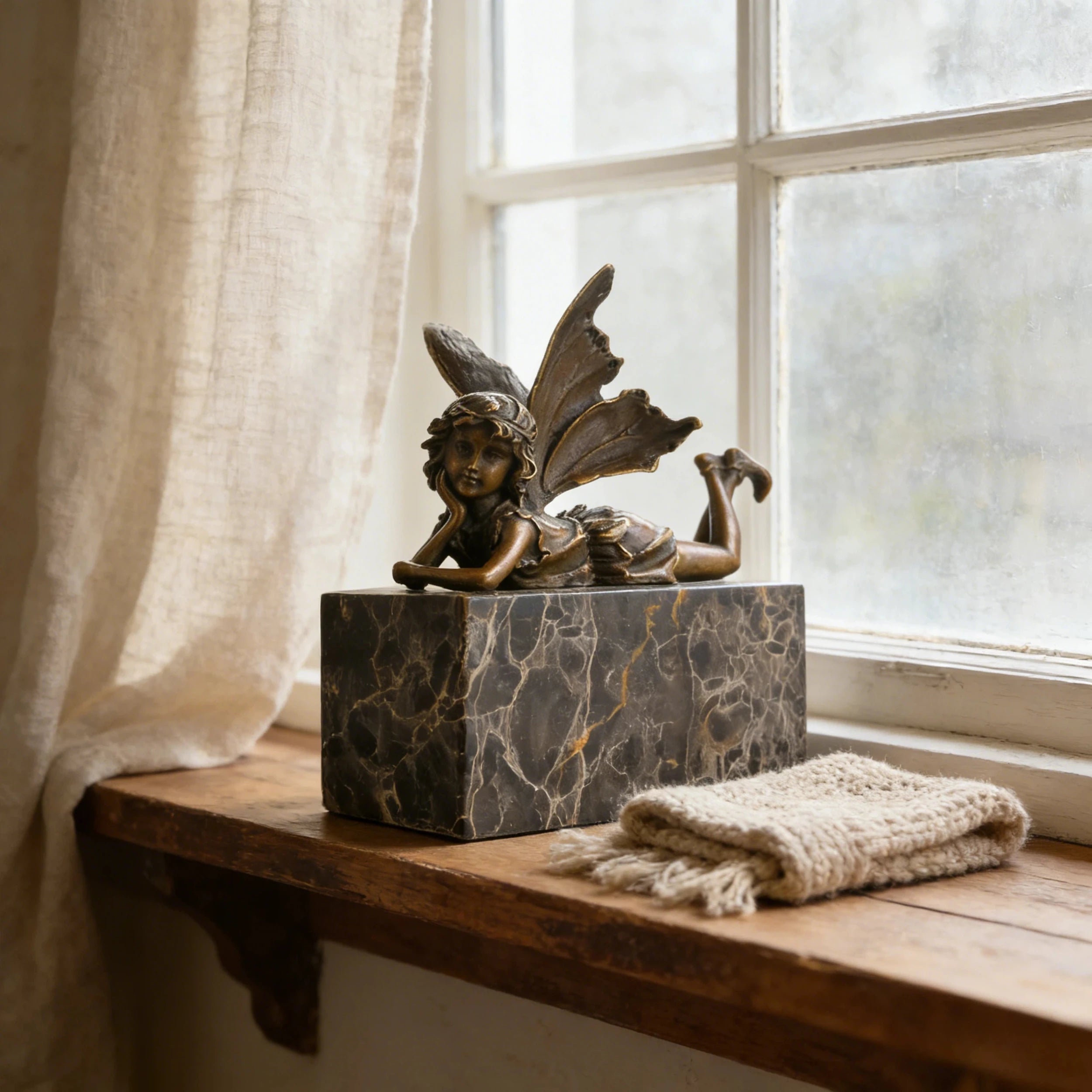 Reclining fairy bronze statue with butterfly wings on marble base