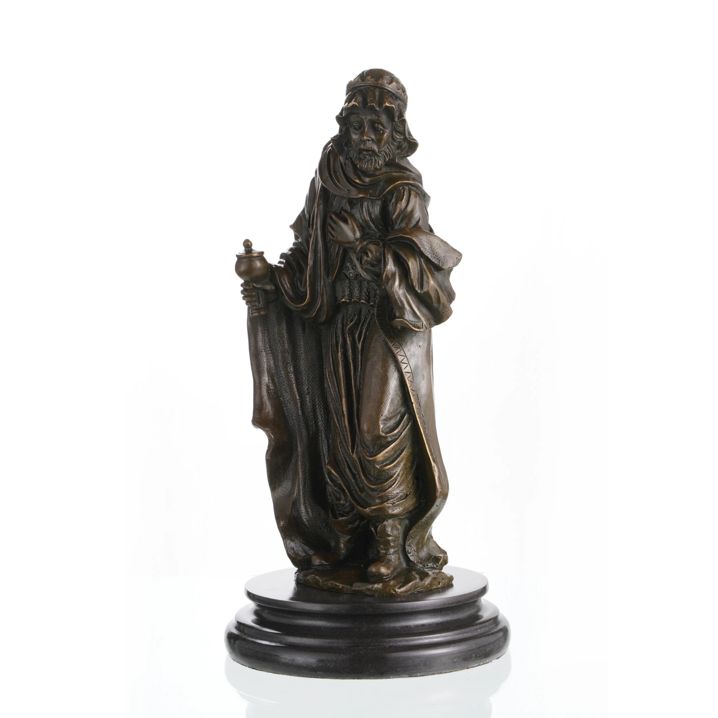 Biblical Magus bronze statue with marble base, wise man holding ceremonial vessel