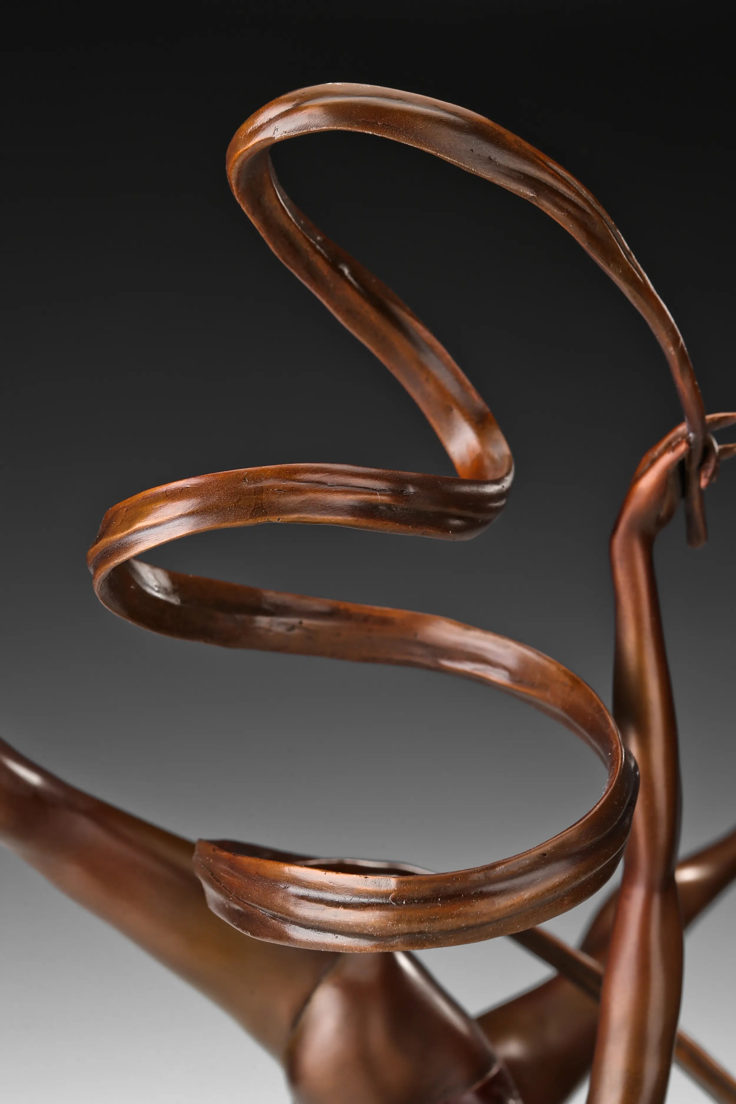 Close-up of the spiraling bronze ribbon ballet with smooth sculpted curves