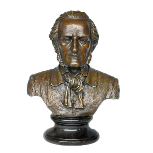 Handcrafted Richard Wagner bronze bust with detailed facial features, formal attire, and classical portrait styling