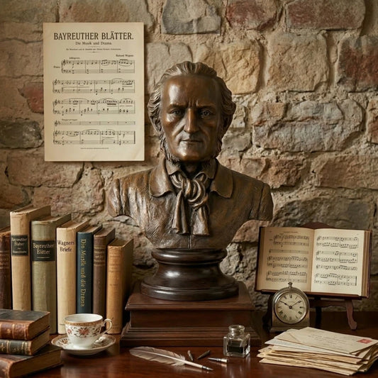 Richard Wagner bronze bust displayed as elegant music room, library, and opera-inspired decor
