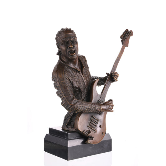 Handcrafted rock guitarist bronze bust sculpture with electric guitar on black marble base.