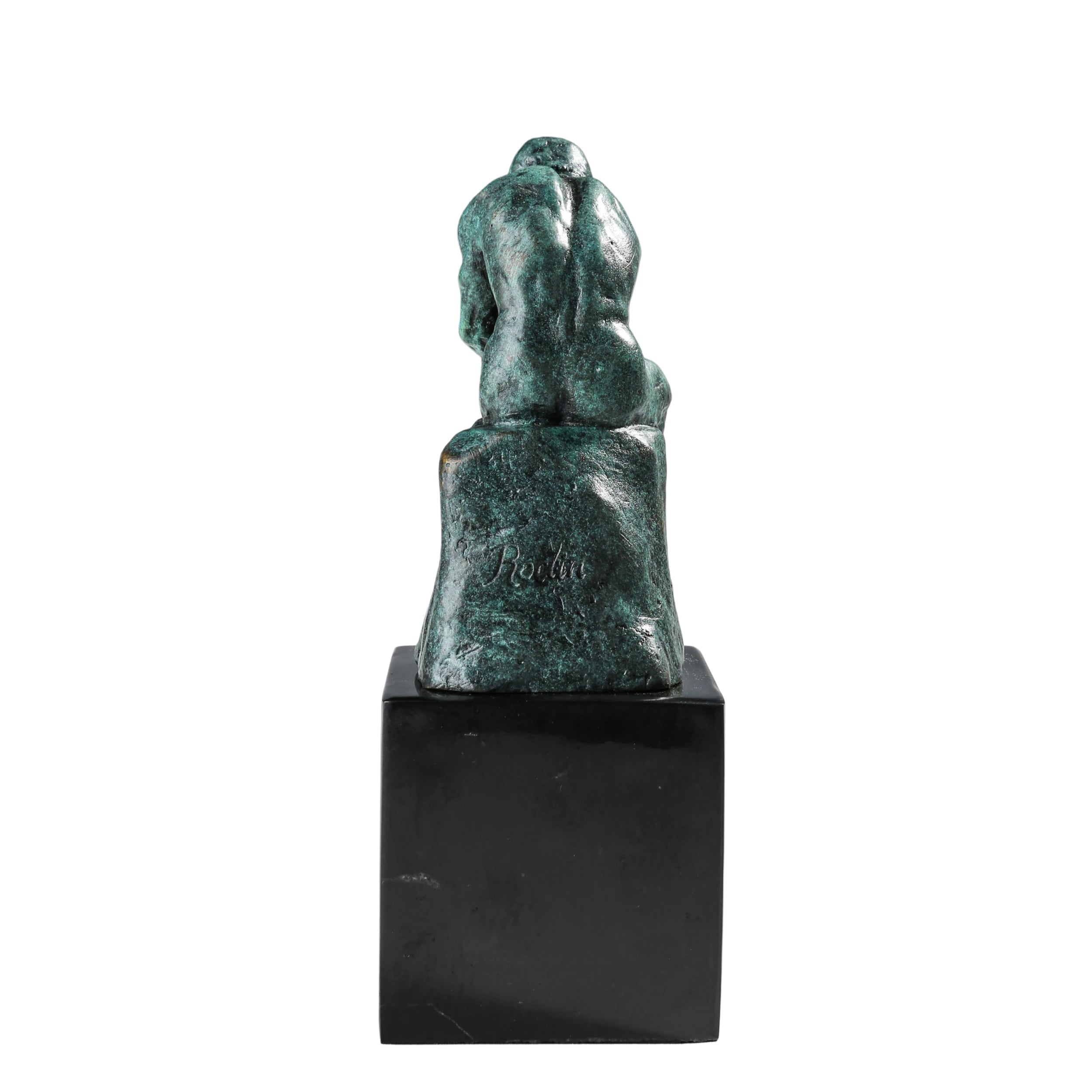 Rear view of the handcrafted bronze Thinker sculpture showing sculptural details