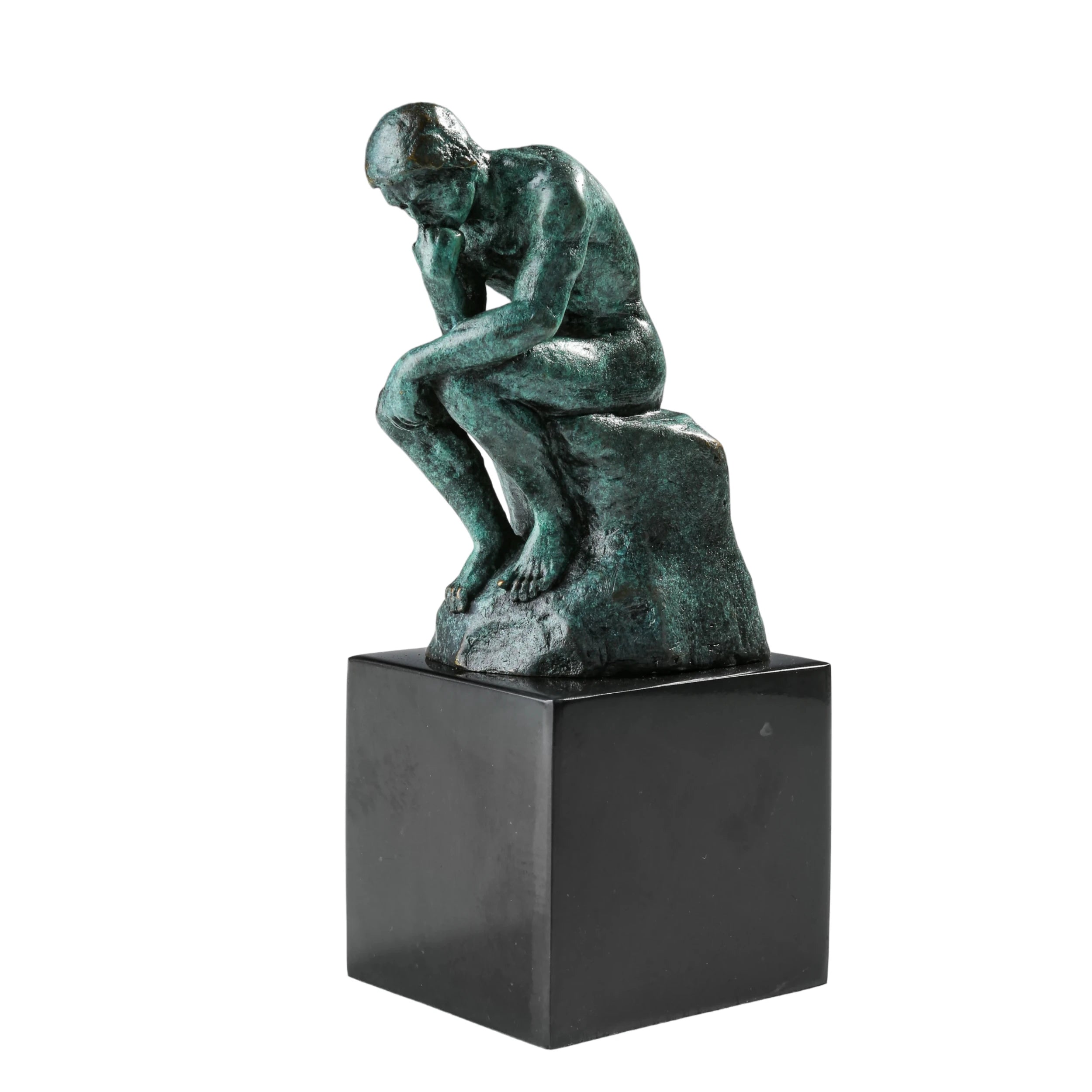 Rodin-inspired bronze Thinker sculpture with verdigris patina on a black marble base