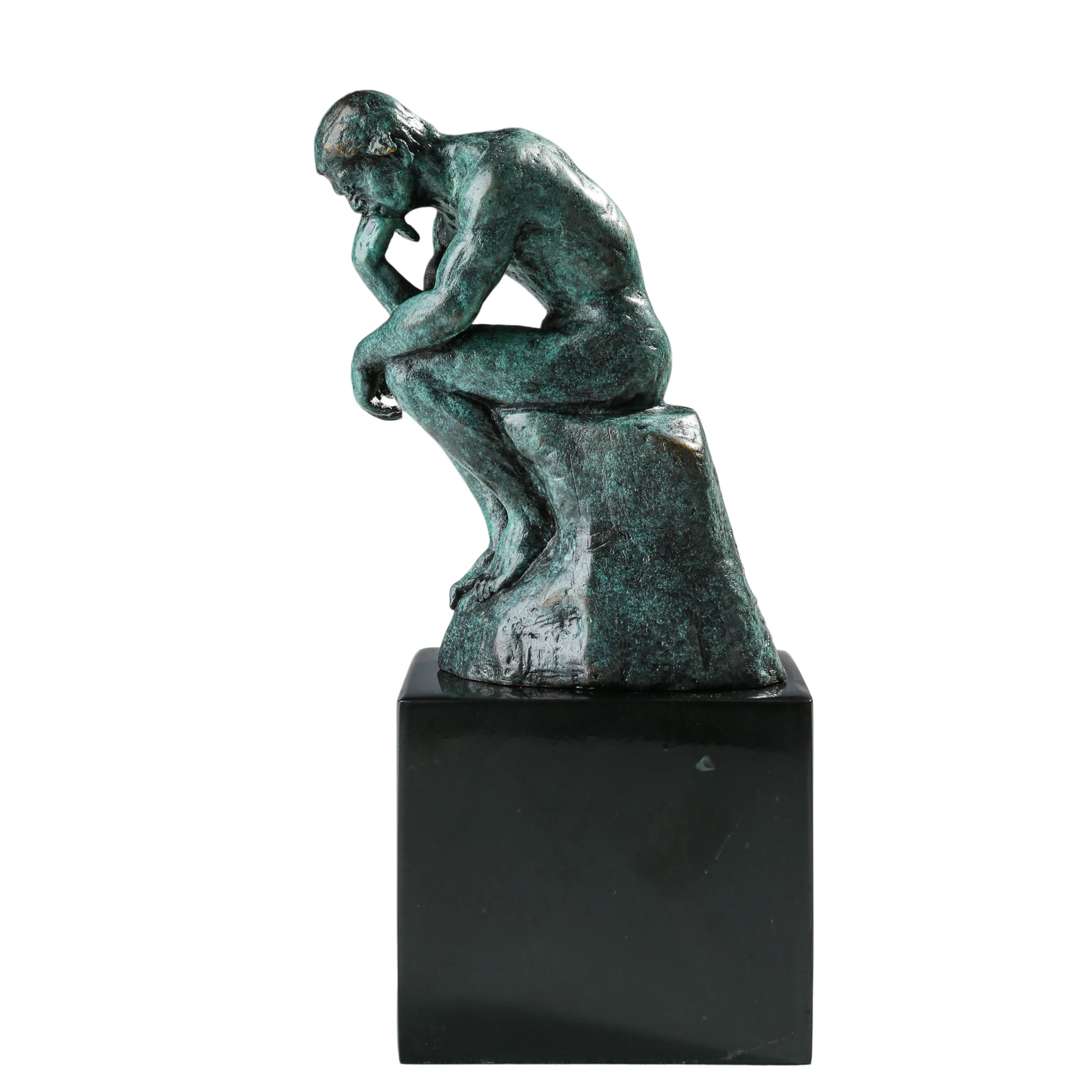Left side view of the classical Thinker bronze sculpture with verdigris patina