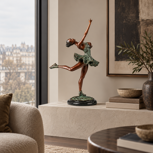 Roller-Skating Ballerina bronze sculpture displayed in a refined interior