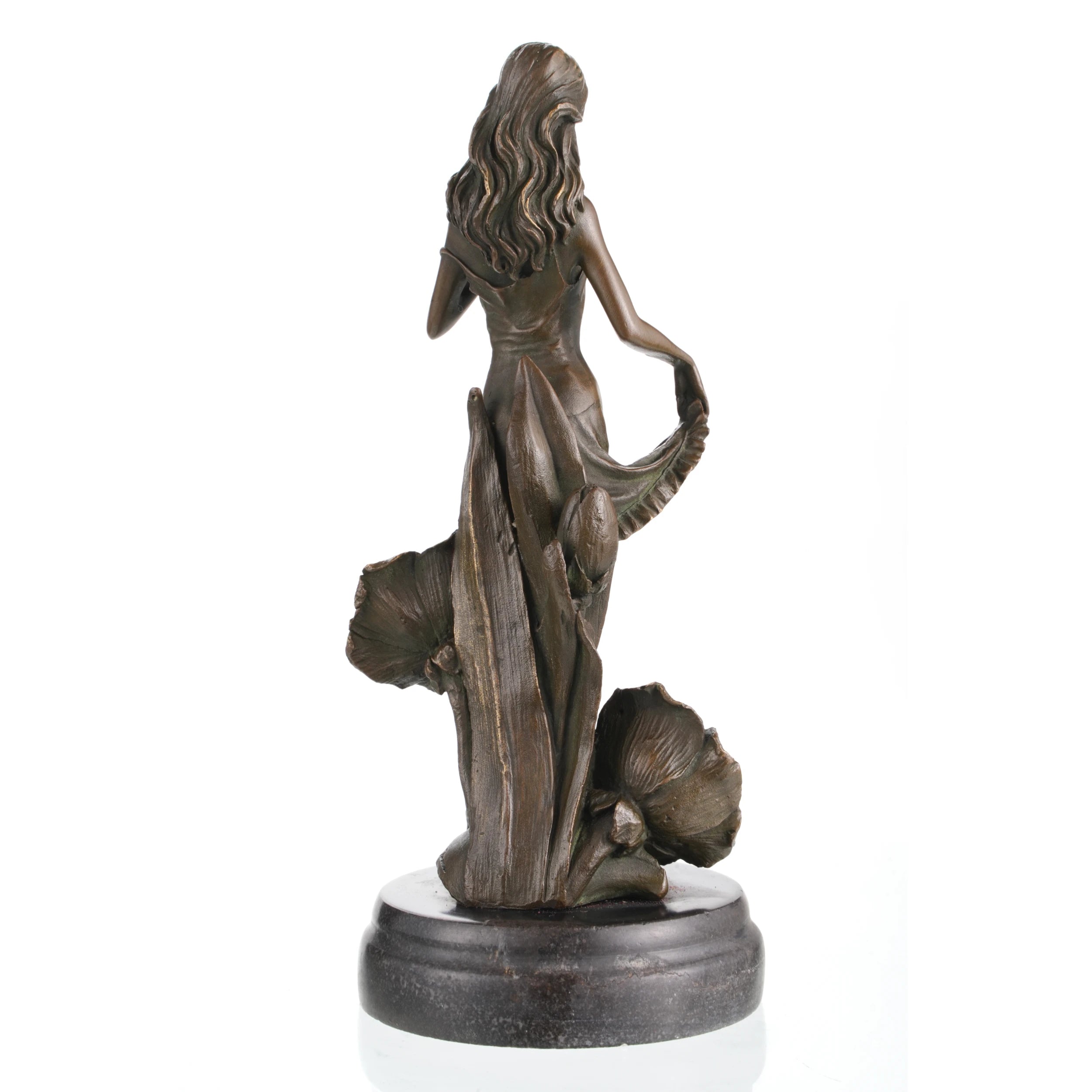 Solid bronze nature maiden sculpture with flowers on black marble base, romantic flower girl statue for elegant interior decor.