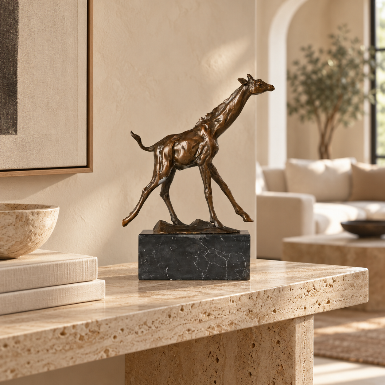 Running Giraffe bronze sculpture displayed in a minimalist interior