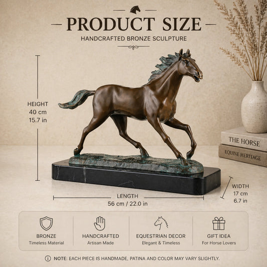running horse bronze statue with flowing mane and dynamic motion on marble base
