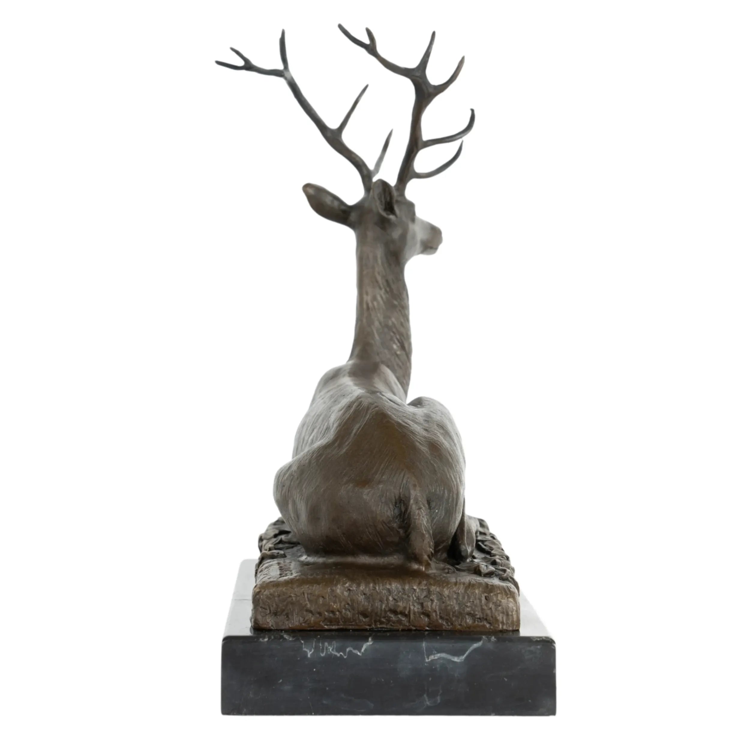 Back view of seated bronze stag statue showing detailed body texture and large antlers