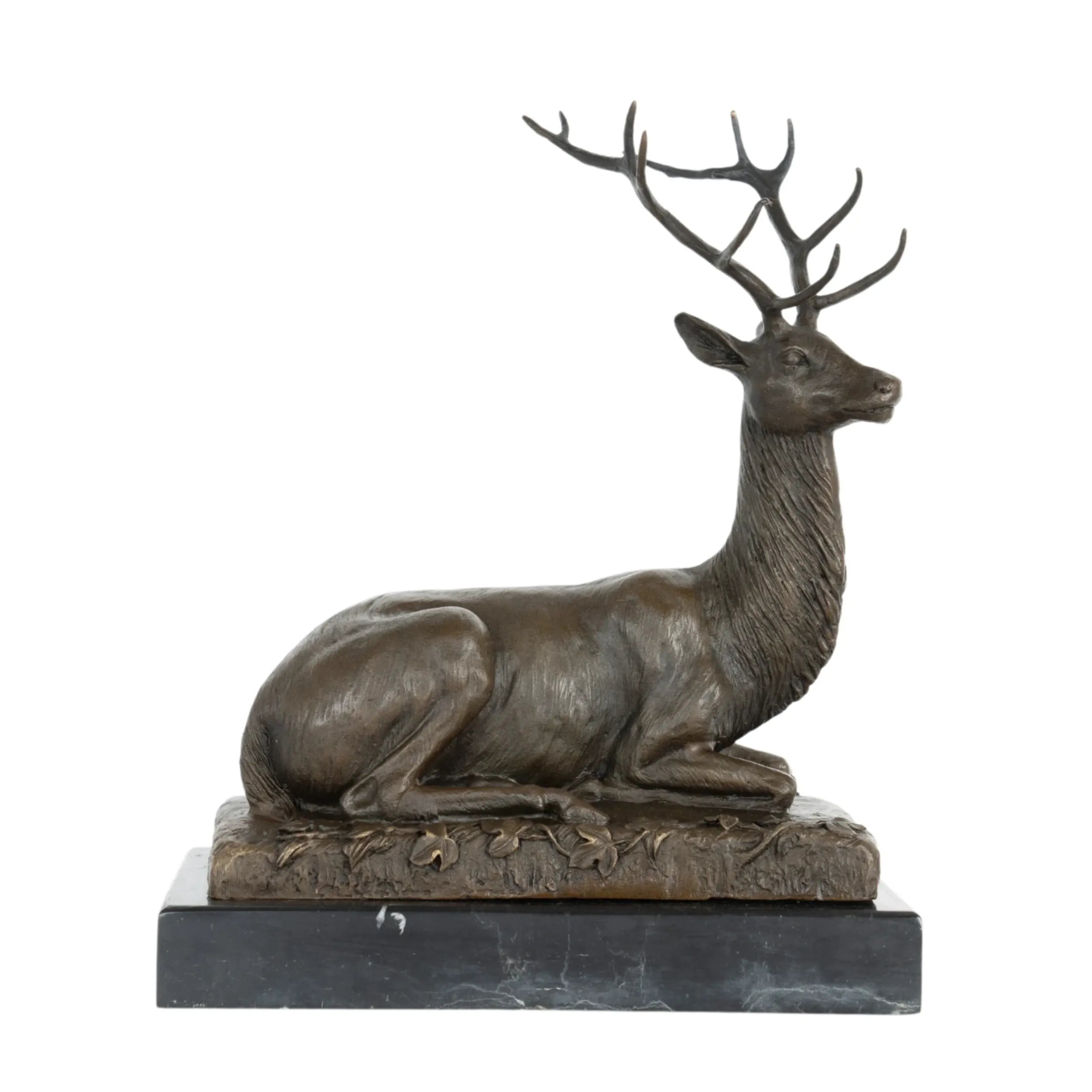 Right side view of handcrafted bronze deer statue in a graceful resting pose