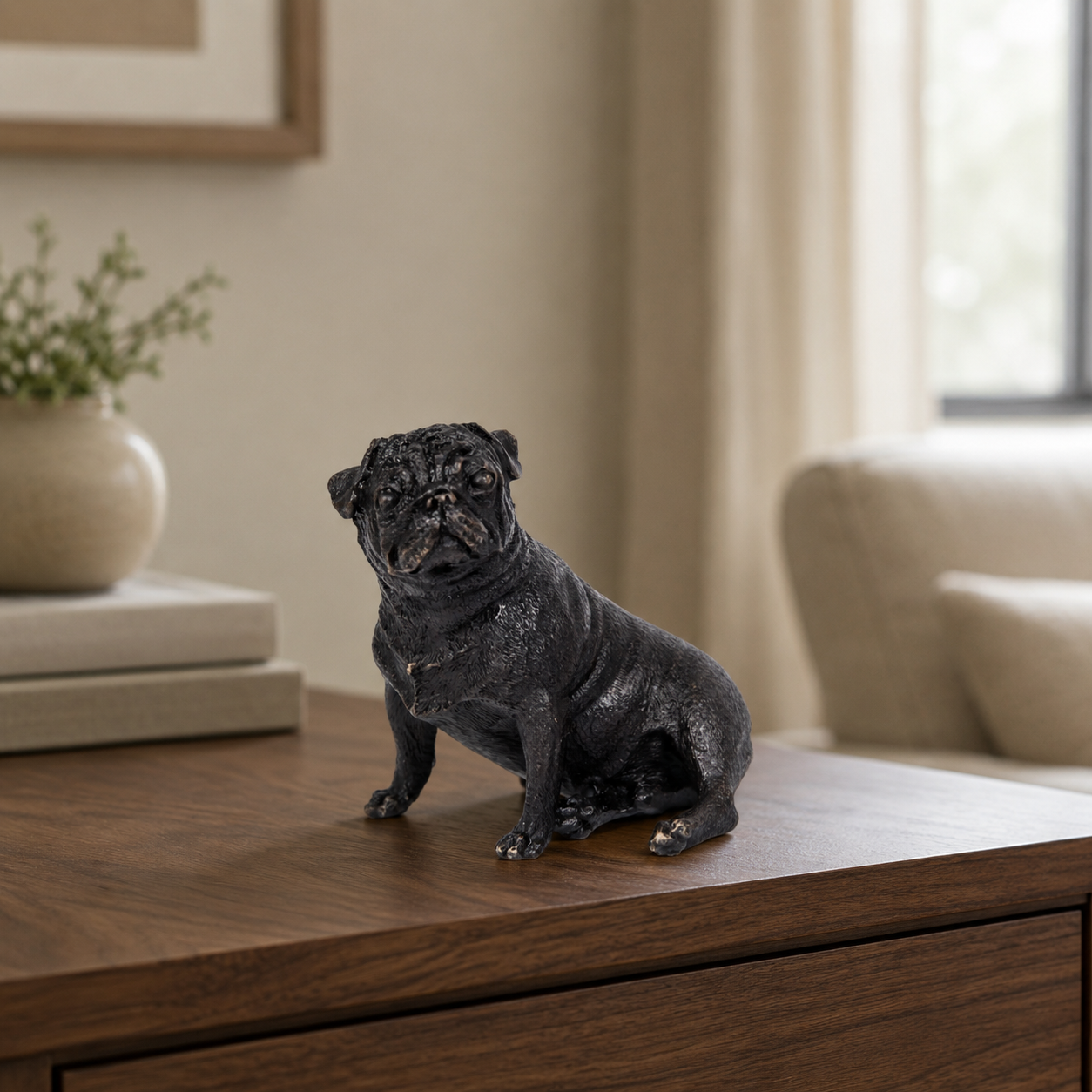 Seated Pug Bronze Sculpture displayed in a styled interior