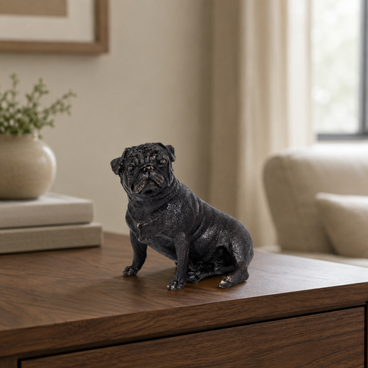 Seated Pug Bronze Sculpture displayed in a styled interior