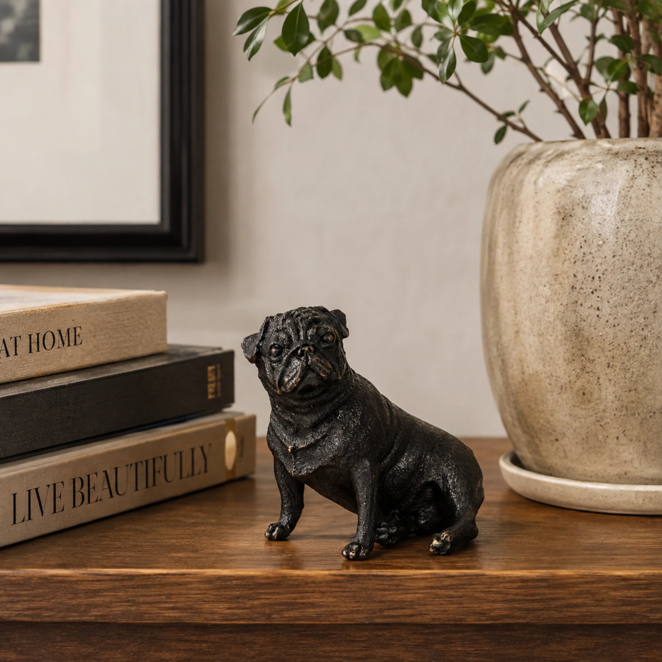 Seated Pug Bronze Sculpture rear view