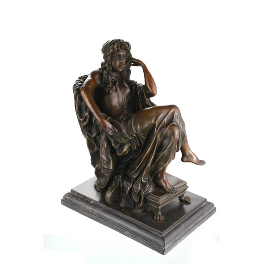 Elegant bronze statue of a seated muse in contemplative pose, symbolizing intellect and reflection. A refined piece for classical interiors and art collections.