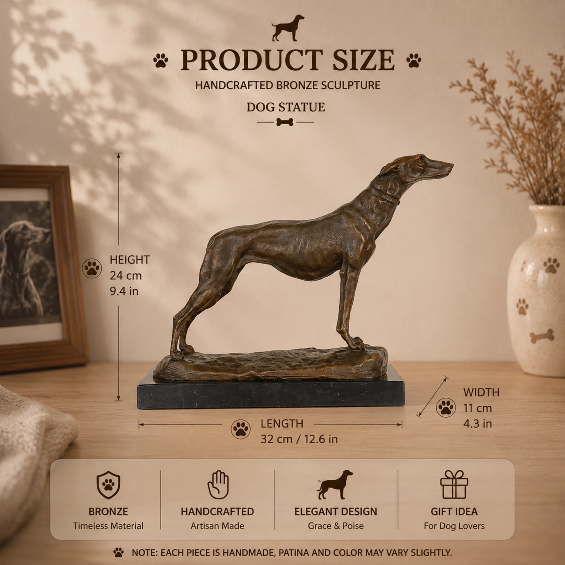 A signed master animalier bronze greyhound dog statue in a poised, athletic stance, showing delicate collar details and a smooth short coat texture.