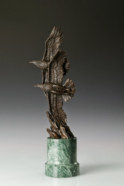 Two eagles soaring bronze sculpture with detailed feathers and marble base. Elegant wildlife statue for home decor, office, or collectors.