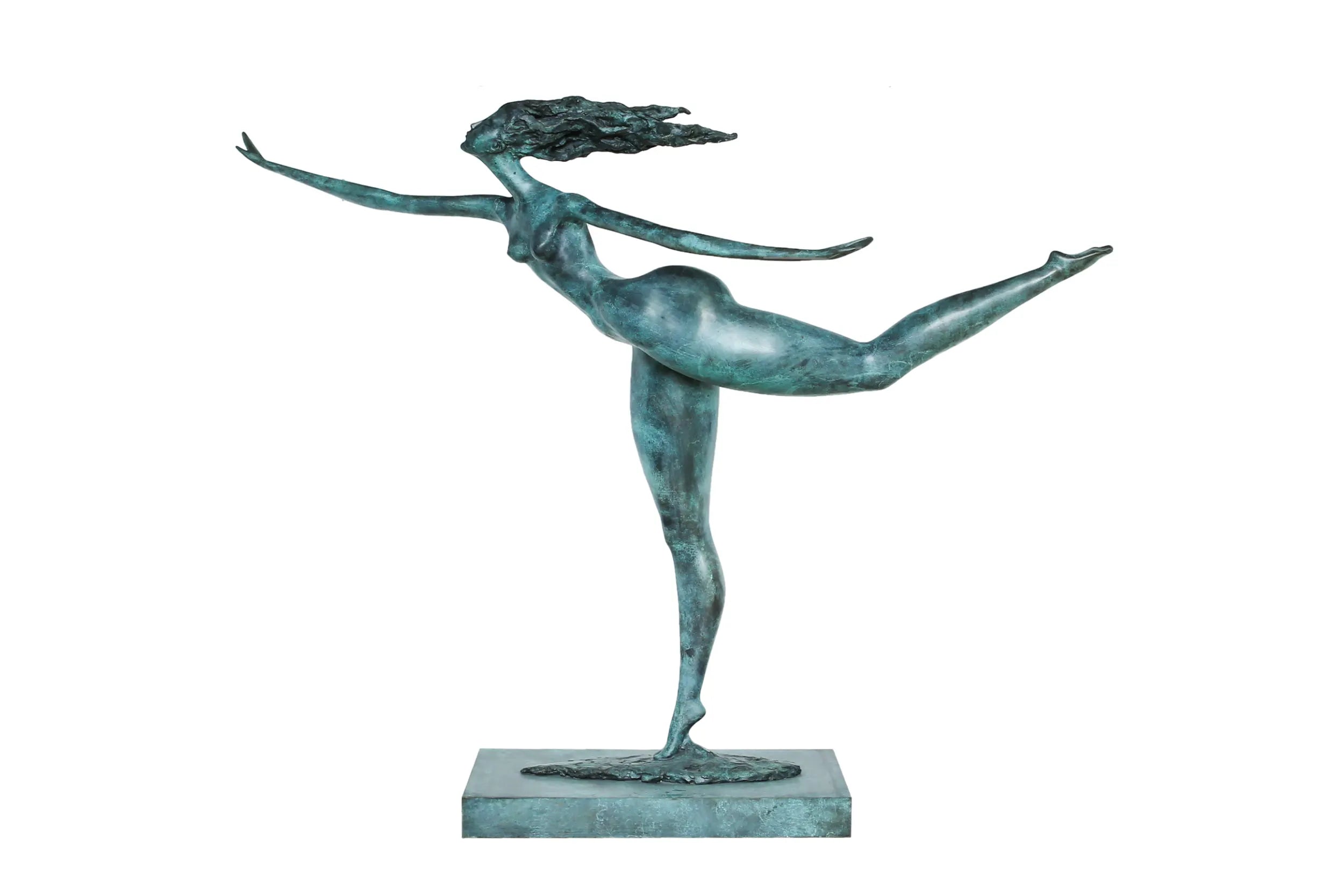 Front angled view of abstract female dancer bronze sculpture with green patina